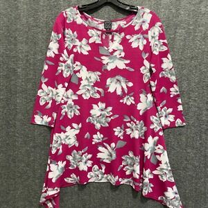 NEW Clara Sun Woo Tunic Top Womens XS Pink Floral Boxy Art‎ Stretch Asymmetrical